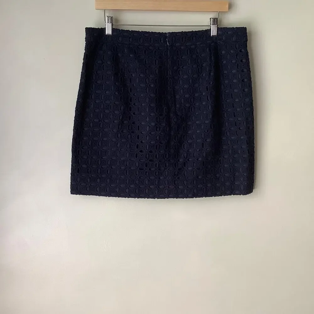 J. Crew Eyelet Floral Cutout Embroidered A-line Skirt Navy Blue Womens Size 12